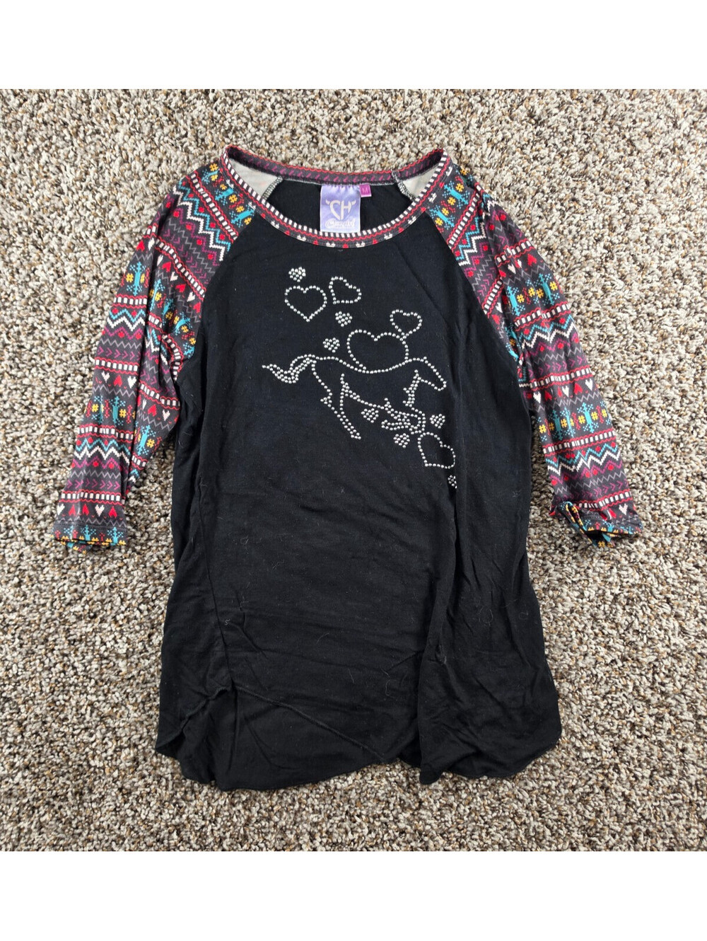 Cowgirl Hardware Girls Sz M 3/4 Sleeve T Shirt Rhinestone Horses